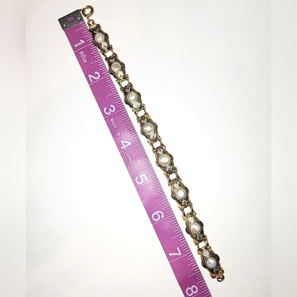 VINTAGE DAMASCENE & FAUX PEARL BRACELET - Picture 6 of 7